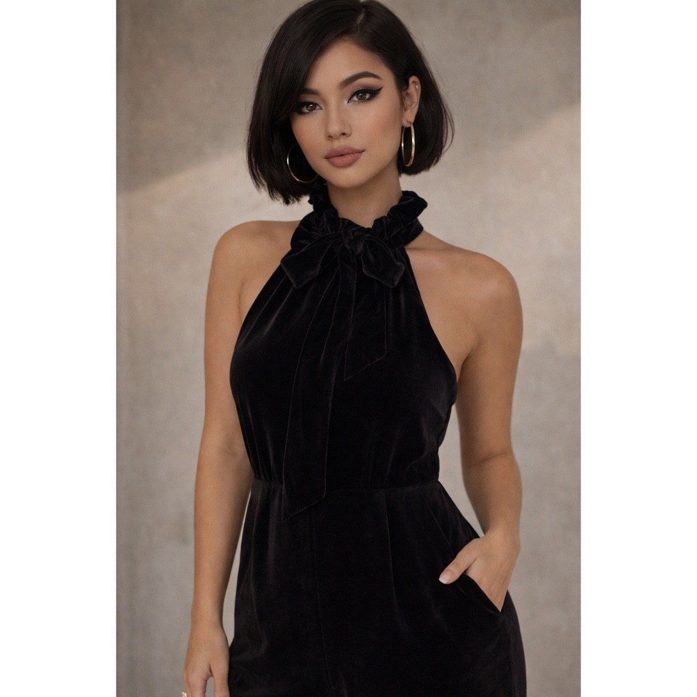 Black Velvet Jumpsuit / Disney Nutcracker Four Realms Ruffle Halter Bow / Size M